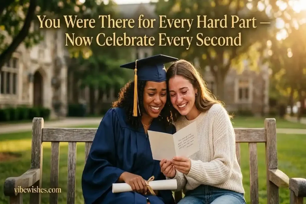 "Two best friends sharing a graduation card on campus bench representing emotional graduation congratulations messages for best friend"