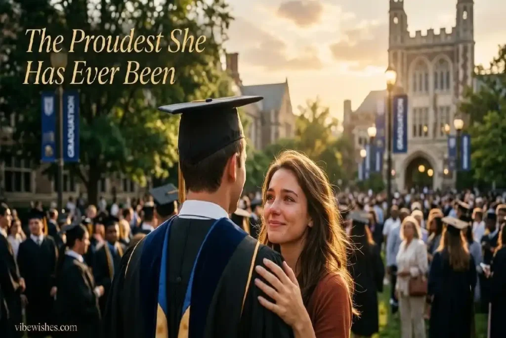 "Girlfriend looking at boyfriend with deep pride at graduation representing loving graduation wishes for boyfriend"