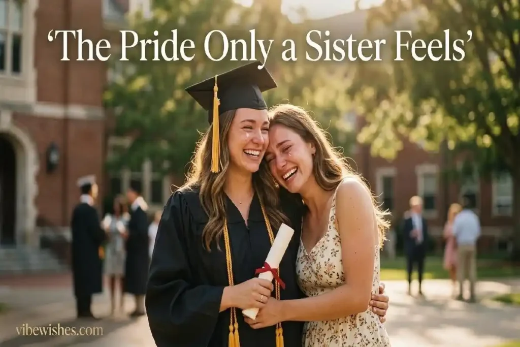 "Two sisters hugging and laughing on graduation day with diploma representing the pride of graduation wishes for sister"