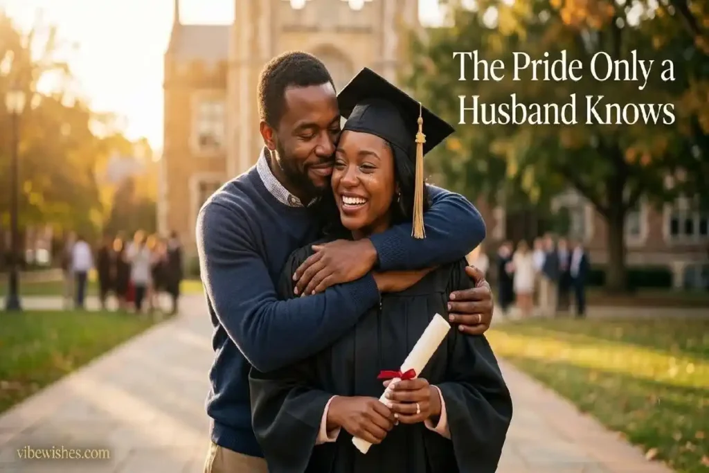 "Husband embracing wife in graduation gown on campus representing the deep pride behind graduation wishes for wife from husband"
