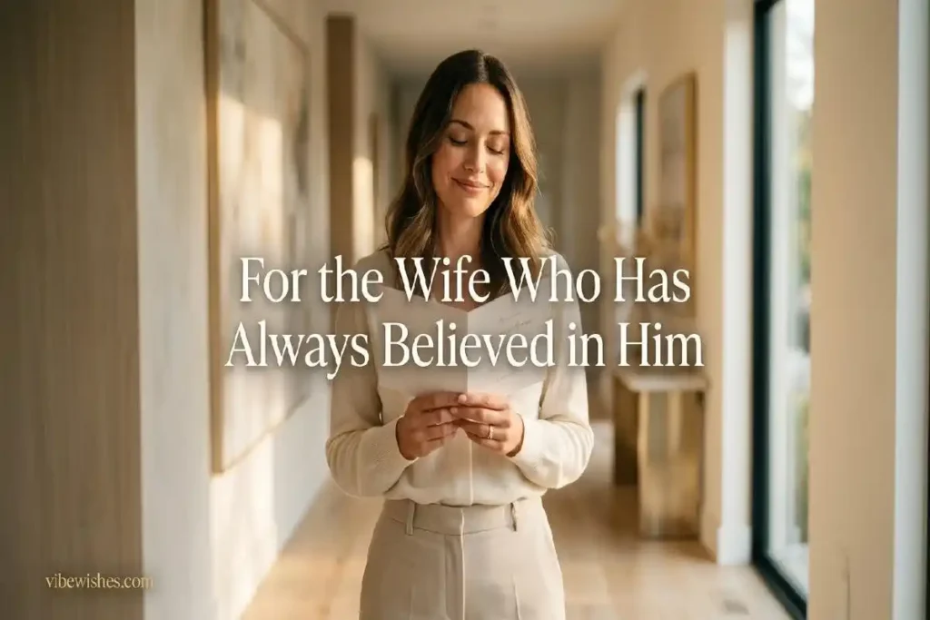 "Woman holding graduation card with warm smile representing a loving wife writing heartfelt graduation wishes for her husband"