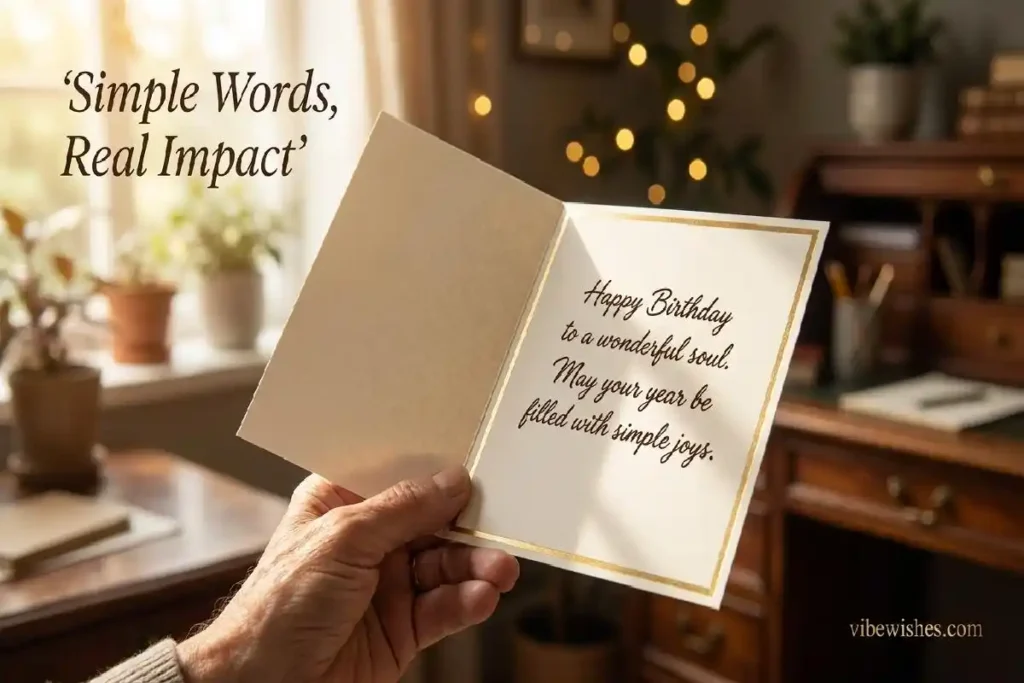 "Hand holding open birthday card with short handwritten heartfelt message representing sincere brief birthday message for boss"