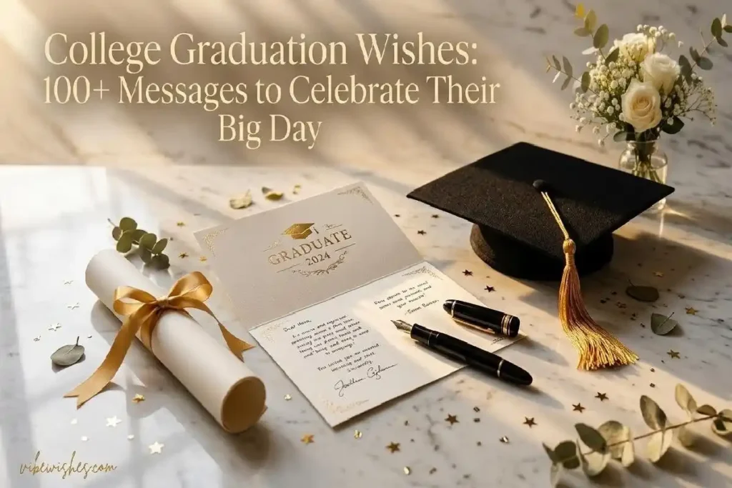 "Happy college graduate in cap and gown holding diploma on campus representing heartfelt college graduation wishes"