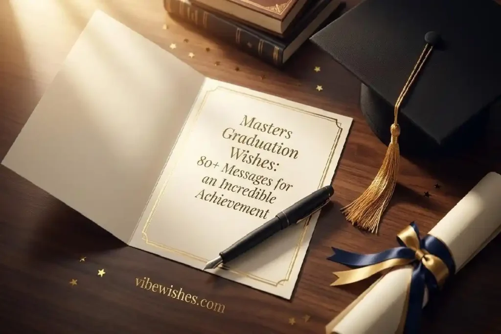 "Proud masters graduate in cap and gown holding diploma on university campus representing heartfelt masters graduation wishes"