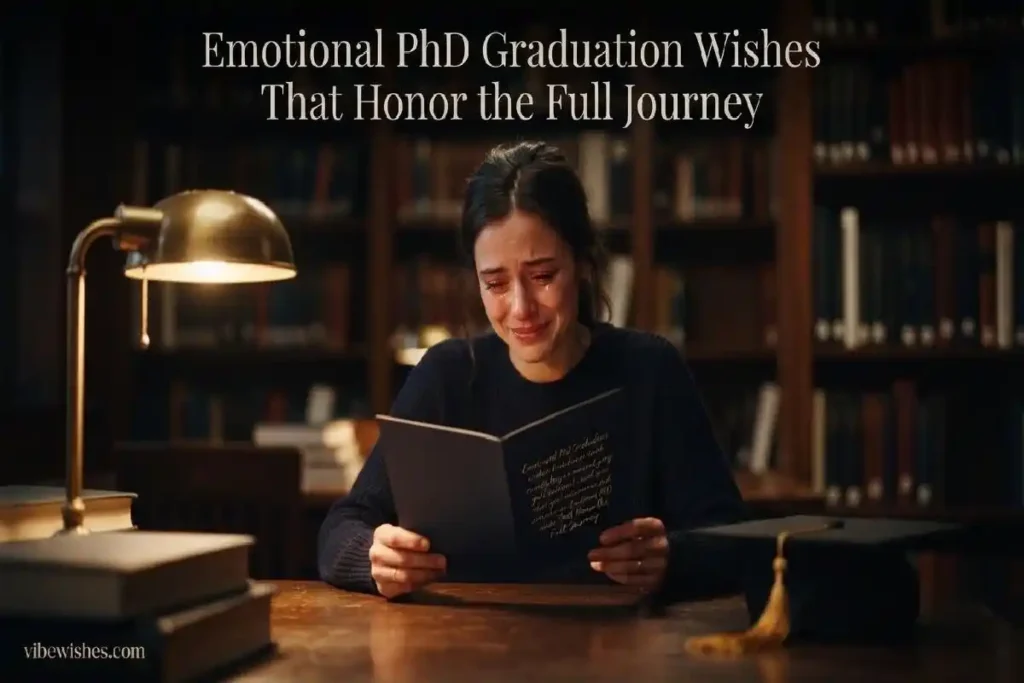 "Proud PhD graduate in full doctoral regalia holding diploma on university campus representing powerful PhD graduation wishes"