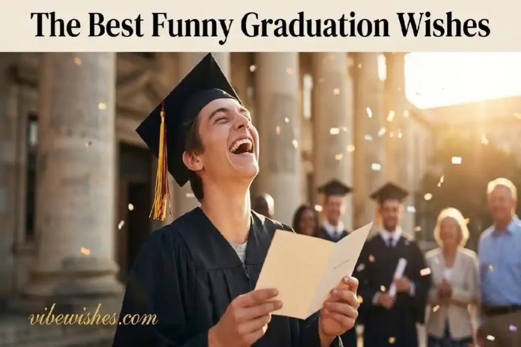  "Happy graduate in cap and gown laughing while reading funny graduation wishes card outside university"