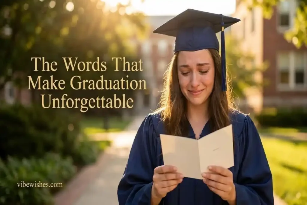 "Young graduate in cap and gown reading a short emotional graduation wish card on sunny campus"