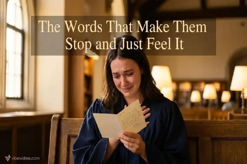"Graduate holding emotional graduation card to their chest with tearful expression in warm golden university hall light"
