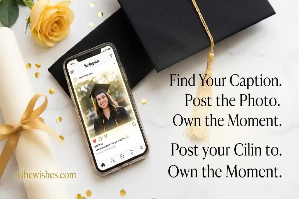 "Graduation cap diploma and smartphone with Instagram post flatlay representing graduation caption ideas for Instagram"
