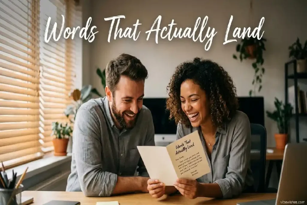 "Coworkers laughing together while reading a birthday card at the office desk"