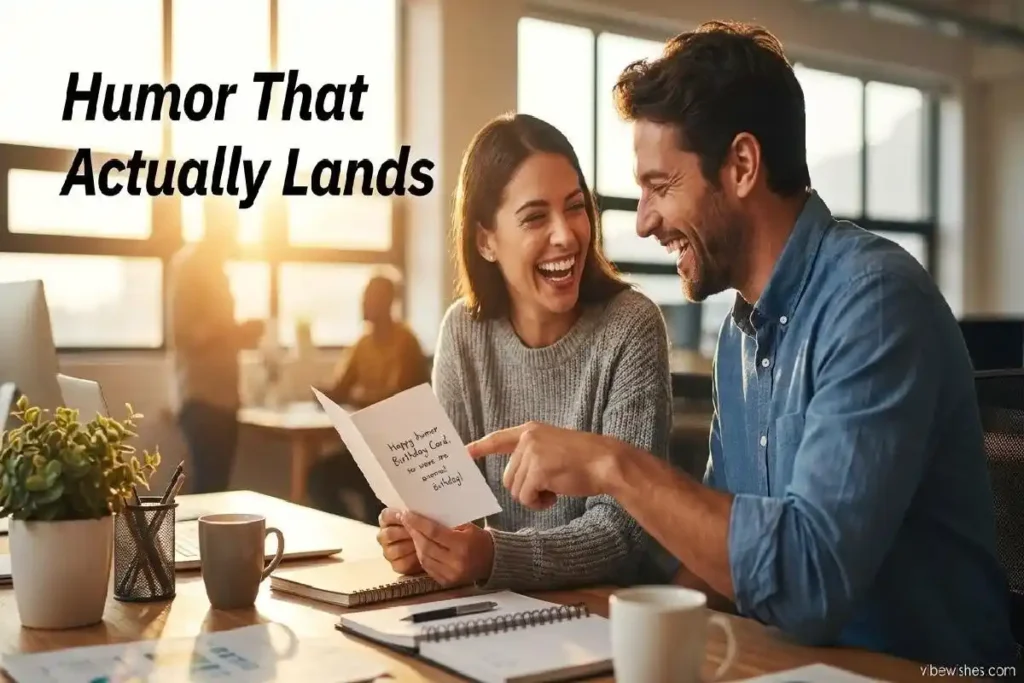 "Two coworkers laughing at funny birthday card message in office showing what makes humorous coworker birthday wishes work"