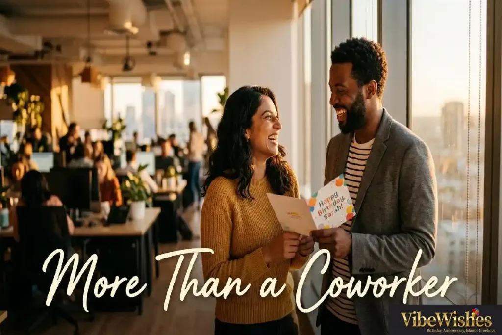 "Two coworkers sharing emotional birthday card moment at office window representing deep emotional birthday wishes for coworker"