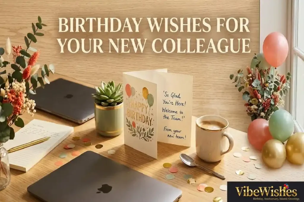 "Office team celebrating new colleague birthday with cake and balloons showing warm welcome birthday moment"