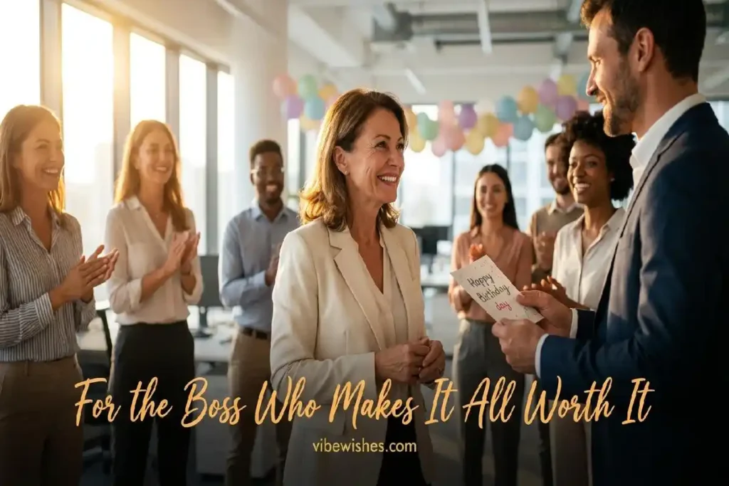 "Team handing birthday card to female boss in office showing heartfelt birthday wishes for boss from employees"