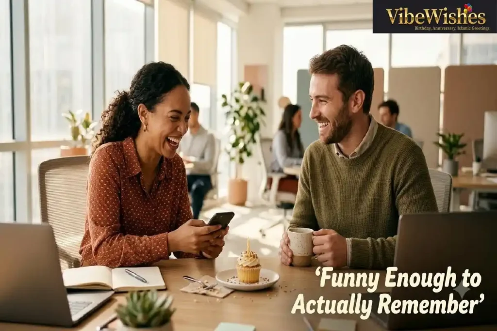 "Two office colleagues laughing at funny birthday message on phone showing witty short birthday wishes for coworker"