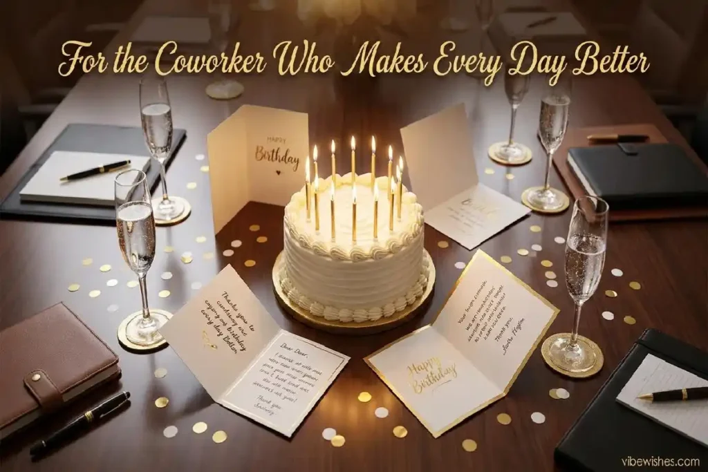 "Office birthday celebration flatlay with birthday cake and cards showing professional birthday wishes for coworkers"
