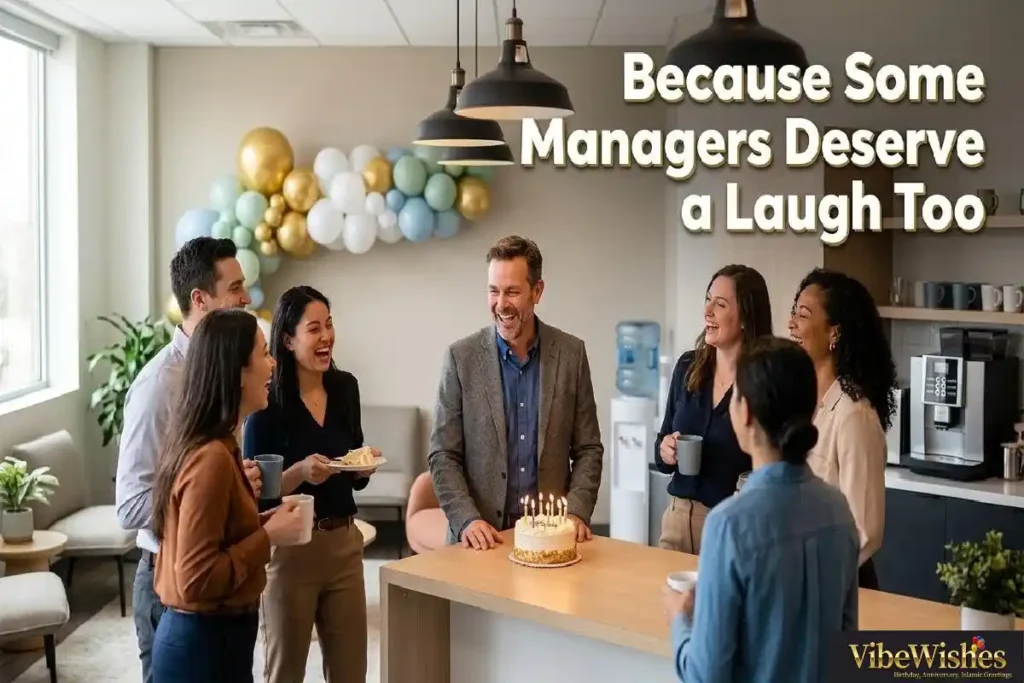 "Office team laughing together at manager birthday celebration representing funny birthday wishes for manager from employees"