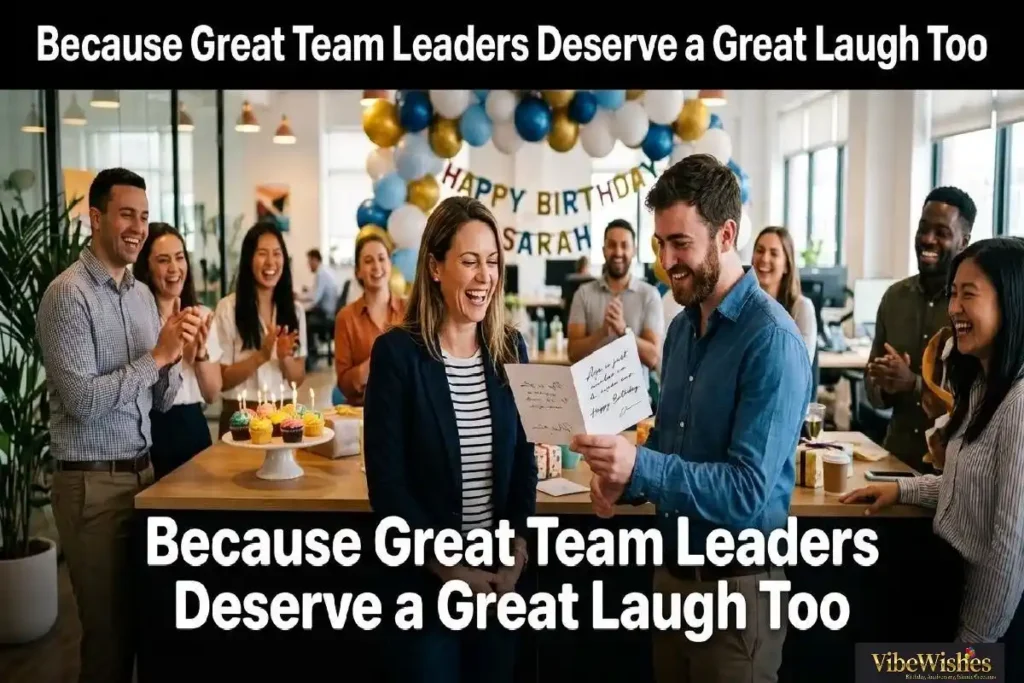 "Team leader laughing at funny birthday card surrounded by smiling colleagues representing funny birthday wishes for team leader"