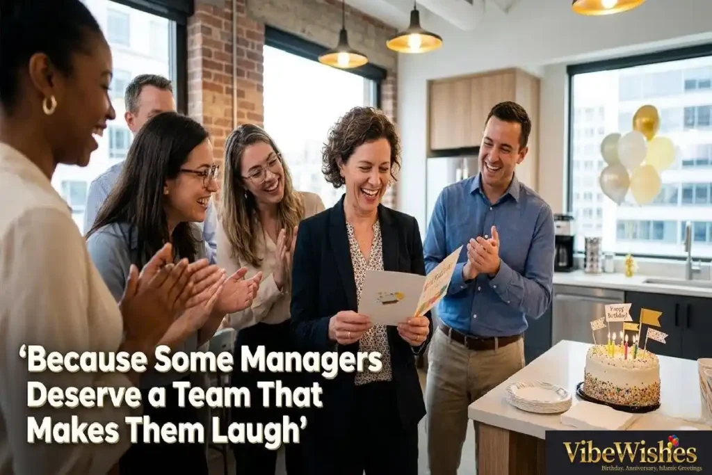 "Manager laughing with whole team at office birthday party representing funny group birthday messages for manager from the team"