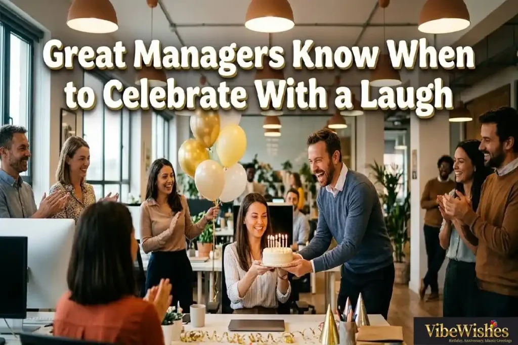 "Manager presenting birthday cake to laughing employee in office representing funny birthday wishes for employee from a manager"