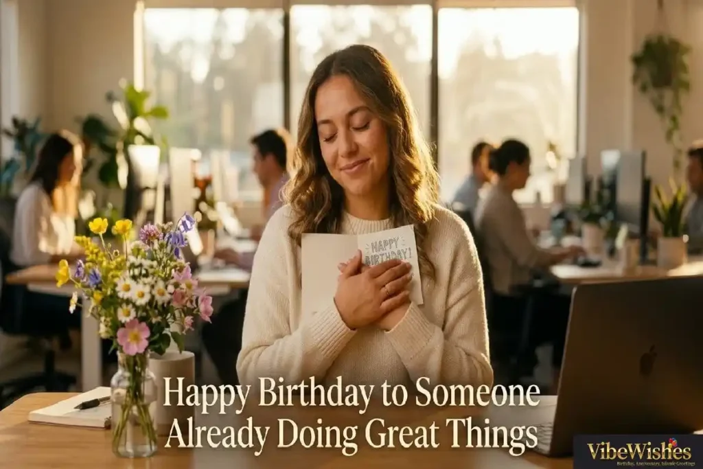 "Young intern holding birthday card with emotional smile showing heartfelt birthday wishes that make interns feel genuinely valued"