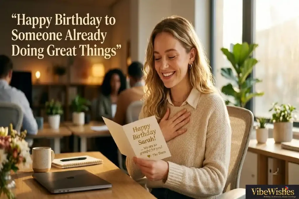 "Junior female colleague reading heartfelt birthday card with emotional smile showing birthday wishes that make junior team members feel truly appreciated"