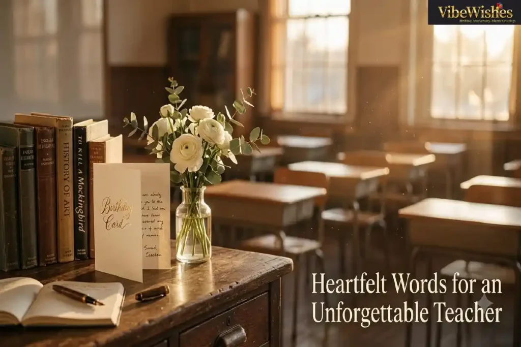 "Warm golden hour classroom with birthday card on teacher's desk representing heartfelt birthday wishes for teacher who made a lasting difference"