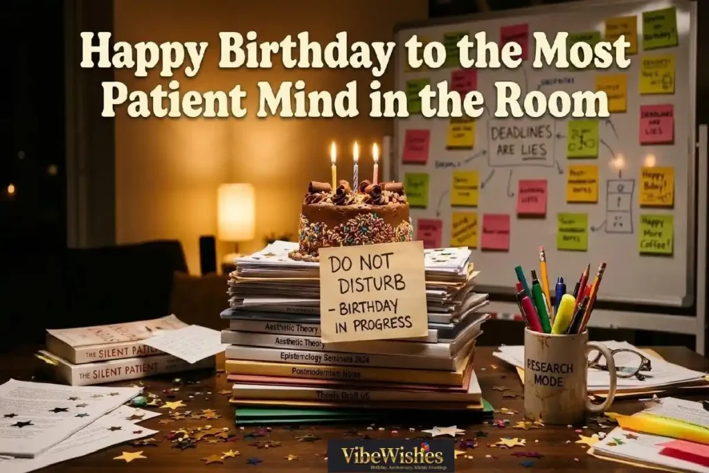 "Open birthday card on distinguished professor's desk with fountain pen and academic journals representing emotional heartfelt birthday wishes for professor"
