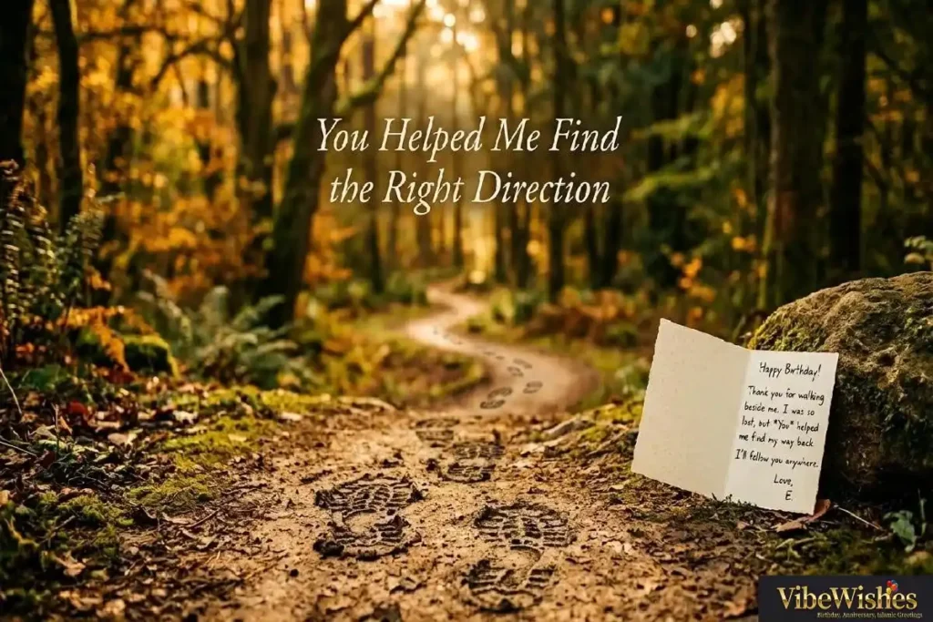 "Winding golden forest path with birthday card representing deep and emotional birthday wishes for mentor who helped shape your life direction"