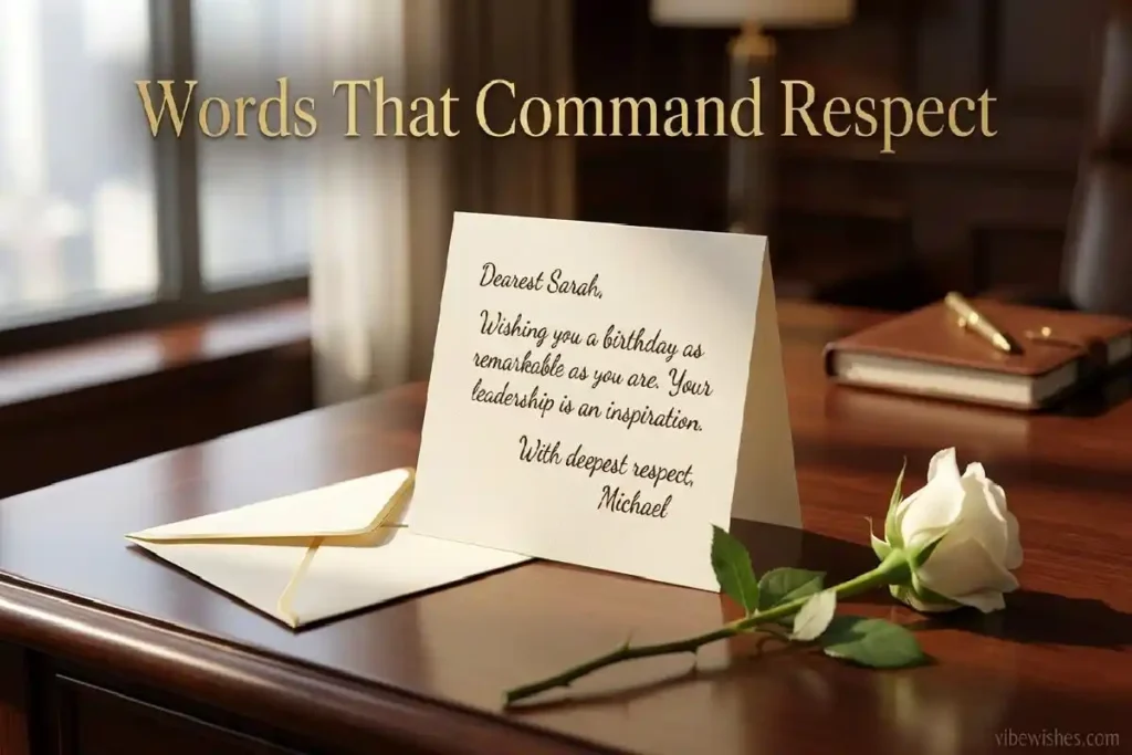 "Elegant open birthday card with handwritten message on executive desk representing deeply respectful formal birthday wishes for boss"