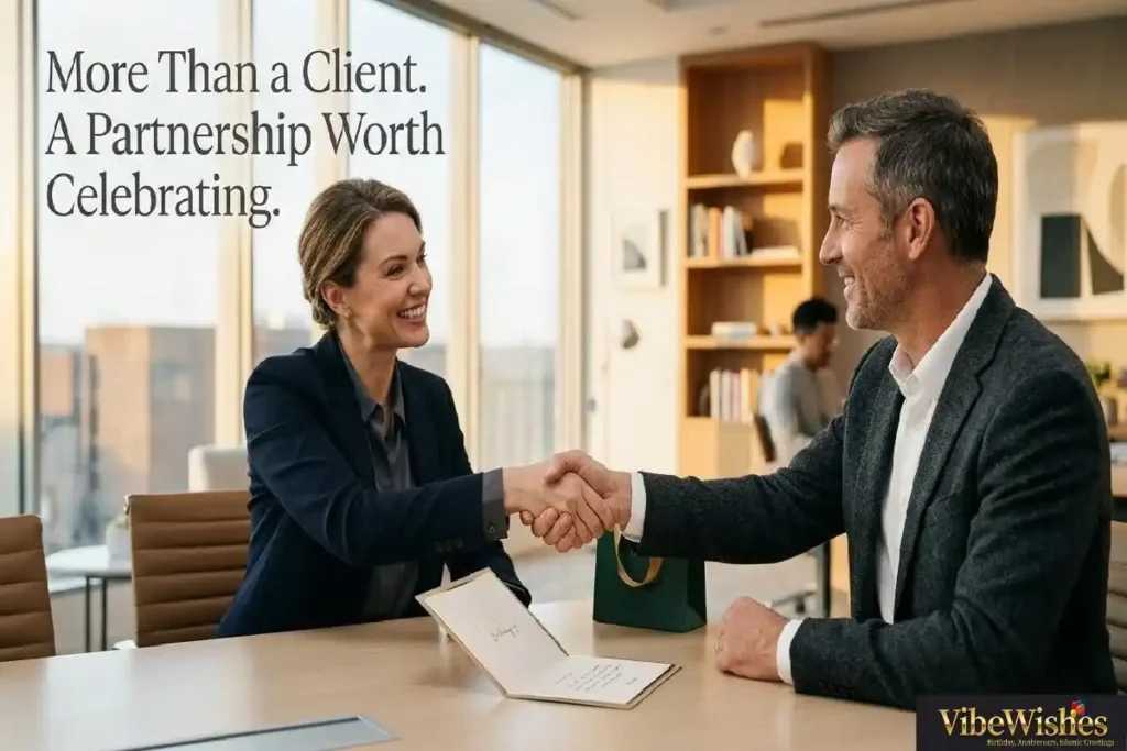 "Two professionals sharing warm handshake with birthday card on meeting table representing heartfelt professional birthday wishes for client that strengthen business partnerships"
