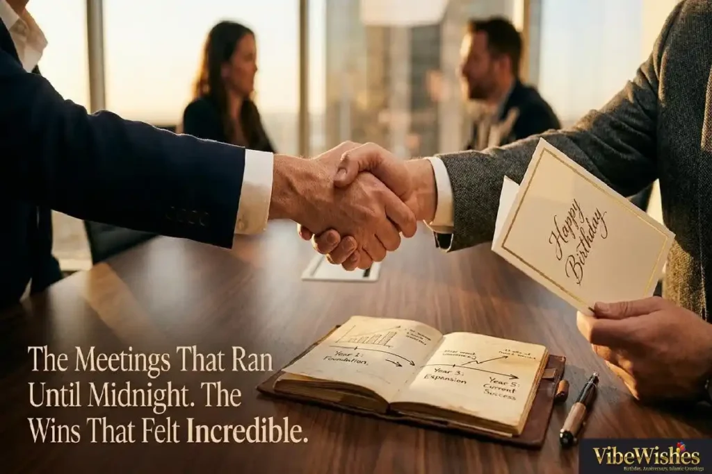 "Two business partners shaking hands with birthday card and journal showing partnership milestones representing heartfelt birthday wishes for business partner celebrating years together"