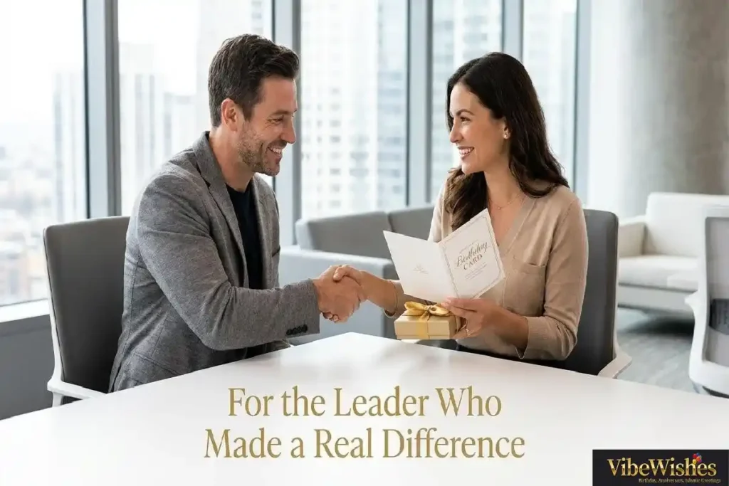 "Professional team member presenting birthday card to manager in modern office representing respectful corporate birthday wishes for boss that balance appreciation and professionalism"