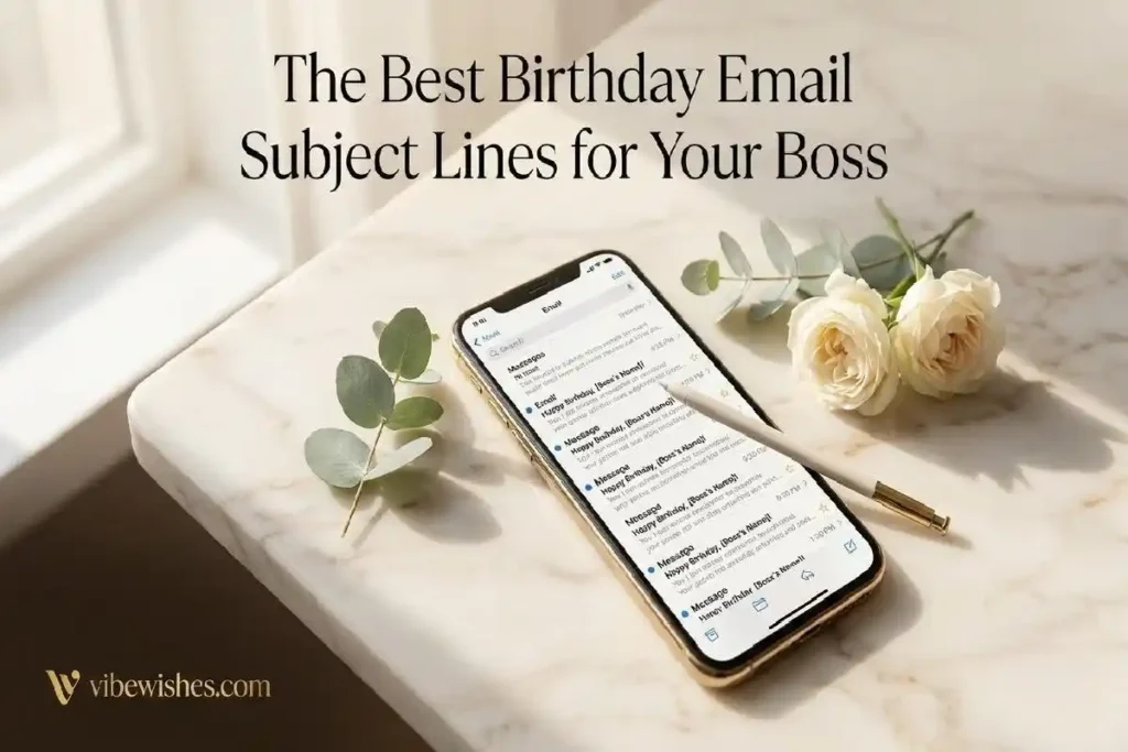 "Smartphone displaying birthday email subject line on marble desk representing the best birthday email subject lines for boss"