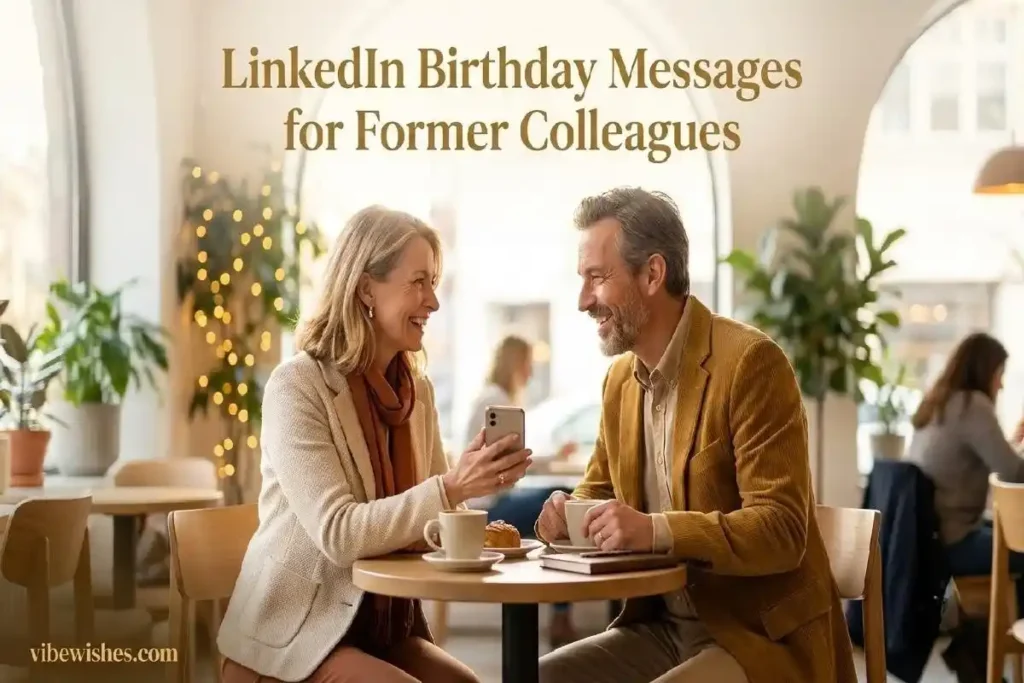 "Two former professional colleagues smiling over coffee representing warm LinkedIn birthday messages for former colleagues"

