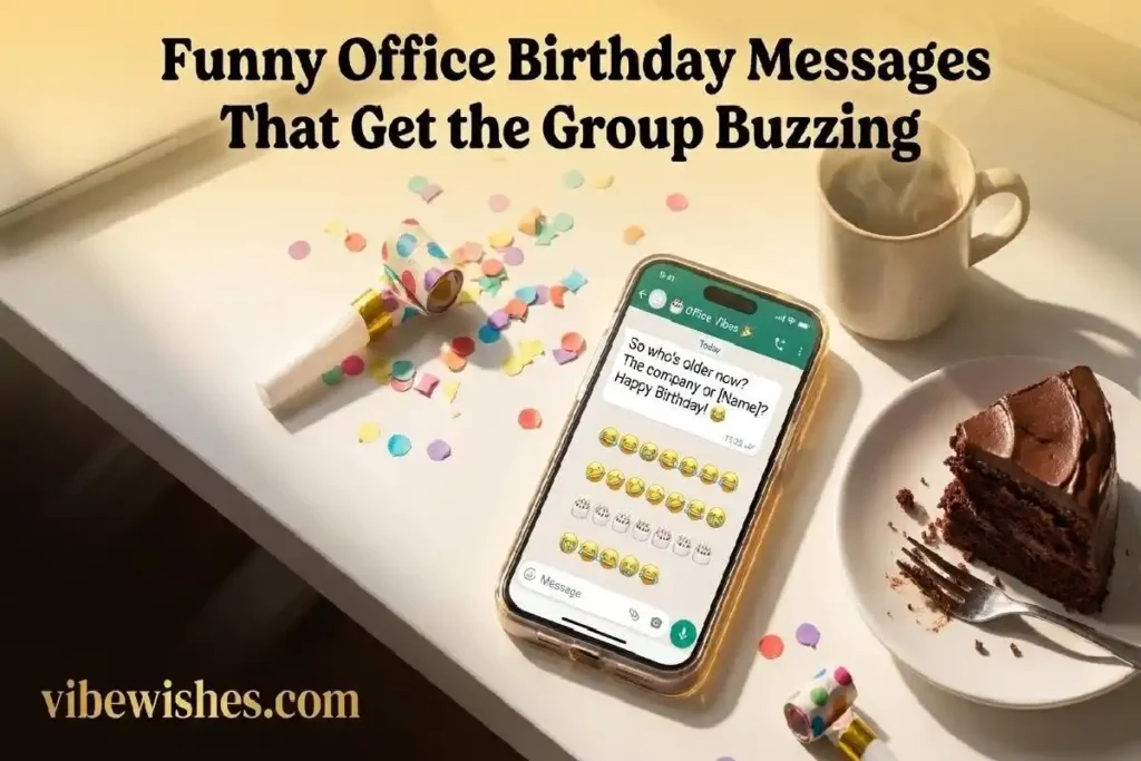 "Smartphone showing funny office WhatsApp group birthday message with emoji reactions next to birthday cake on office desk"