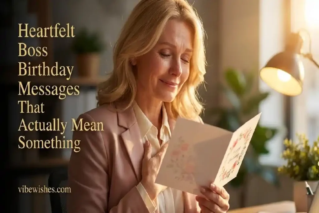  "Professional woman holding birthday card to her chest with a touched smile representing a heartfelt birthday card message for boss"