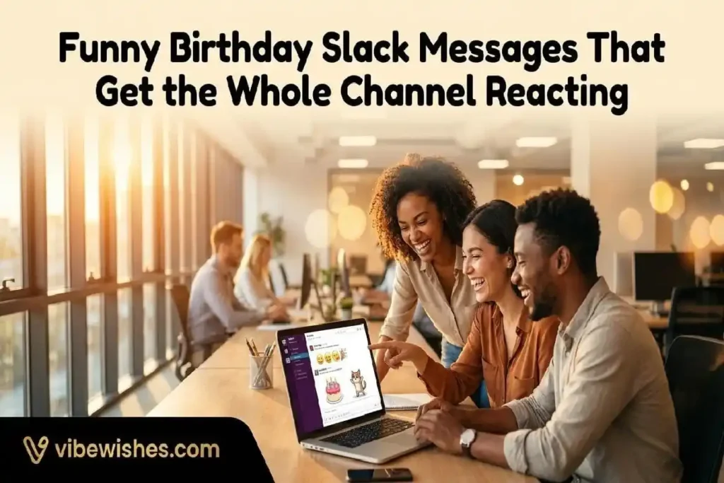 "Group of coworkers laughing at funny birthday Slack message on laptop screen in modern office representing office Slack birthday wishes"