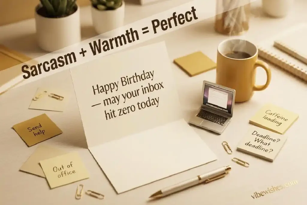 "Funny sarcastic birthday card on office desk with coffee and sticky notes representing sarcastic birthday message for boss done right"