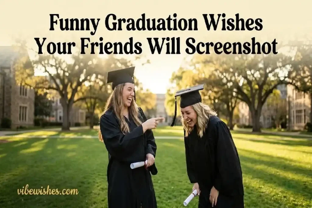 "Two best friends in graduation gowns laughing together on campus representing funny graduation wishes and messages"
