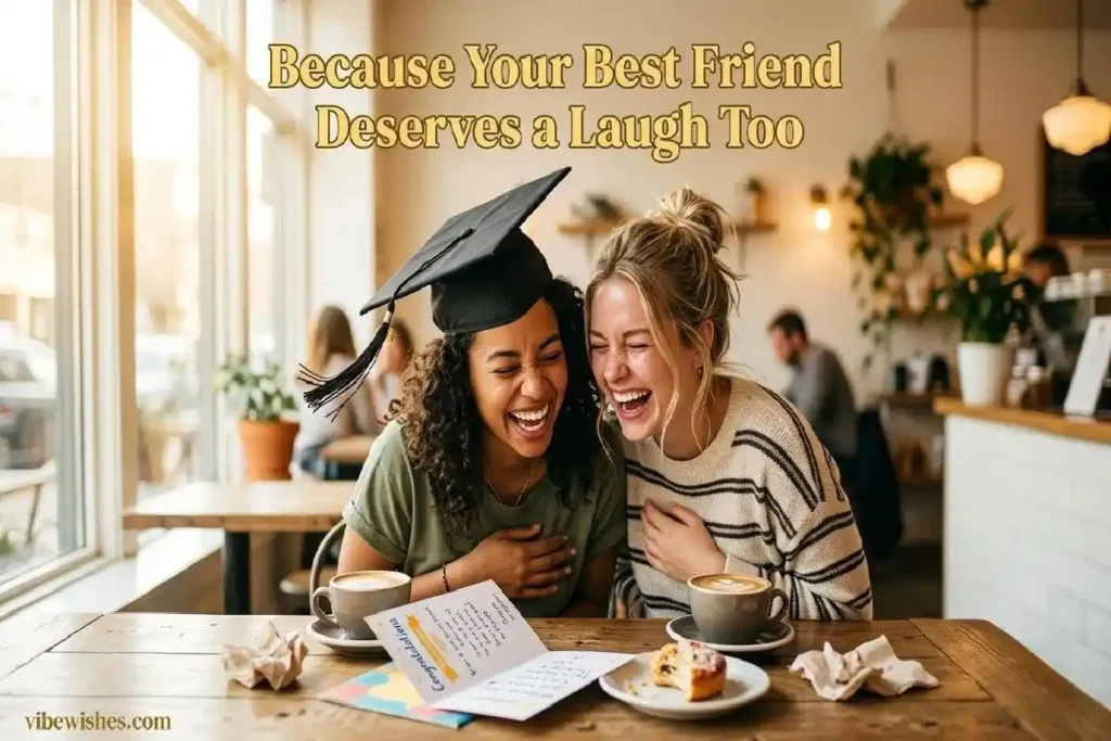"Two best friends laughing together over graduation card in cafe representing funny graduation wishes for best friend"