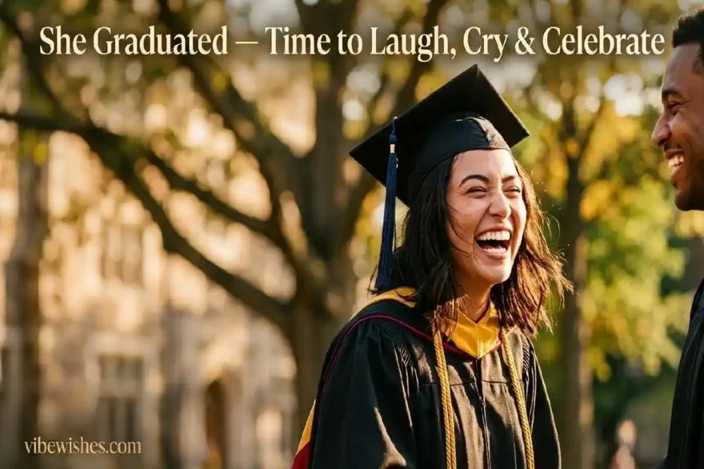 "Young woman in graduation cap laughing joyfully representing funny graduation wishes for girlfriend"