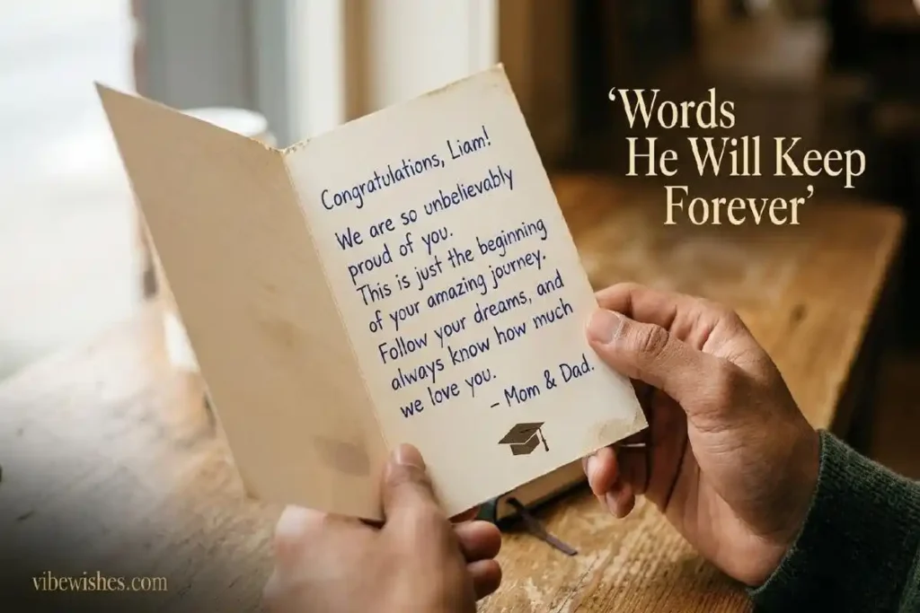  "Young man holding open heartfelt graduation card representing the best graduation messages for boyfriend to keep forever"

