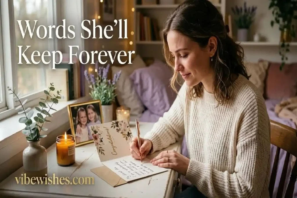 "Young woman writing emotional graduation message for sister inside a card at a warmly lit desk with candle and photo"