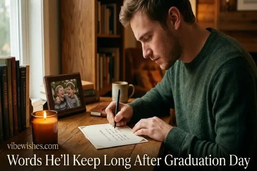 "Young man writing a proud graduation message for brother inside a card at a warmly lit oak desk with candle and framed photo"