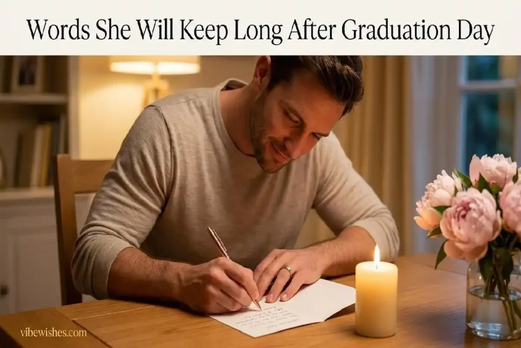 "Husband writing proud graduation message for wife inside a card at a candlelit home table with wedding ring and pink peonies"