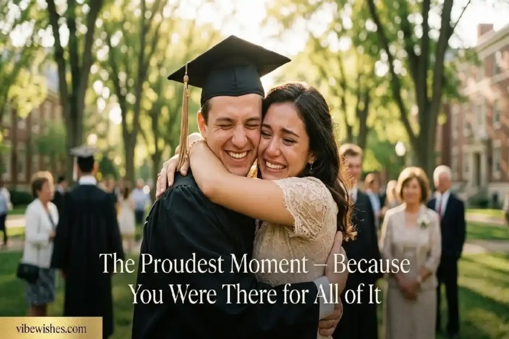 "Couple embracing on graduation day with husband in cap and gown representing proud and romantic graduation messages from wife"