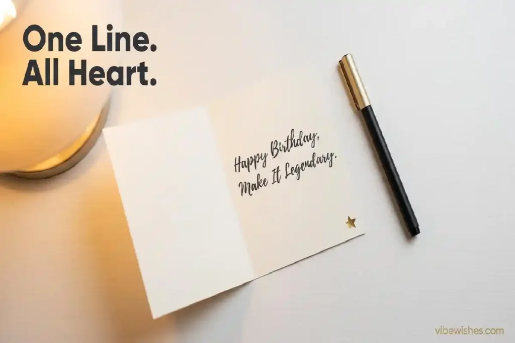 "Birthday card with single handwritten one-liner message on clean desk representing warm one line birthday wishes for boss"