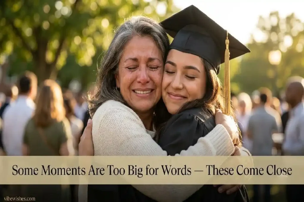 "Parent and high school graduate sharing emotional embrace at graduation ceremony representing deep and heartfelt graduation wishes"