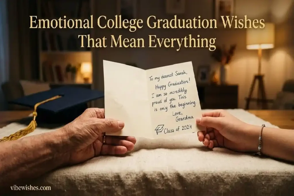 "Two hands holding open graduation card together representing emotional college graduation wishes from parents and loved ones"